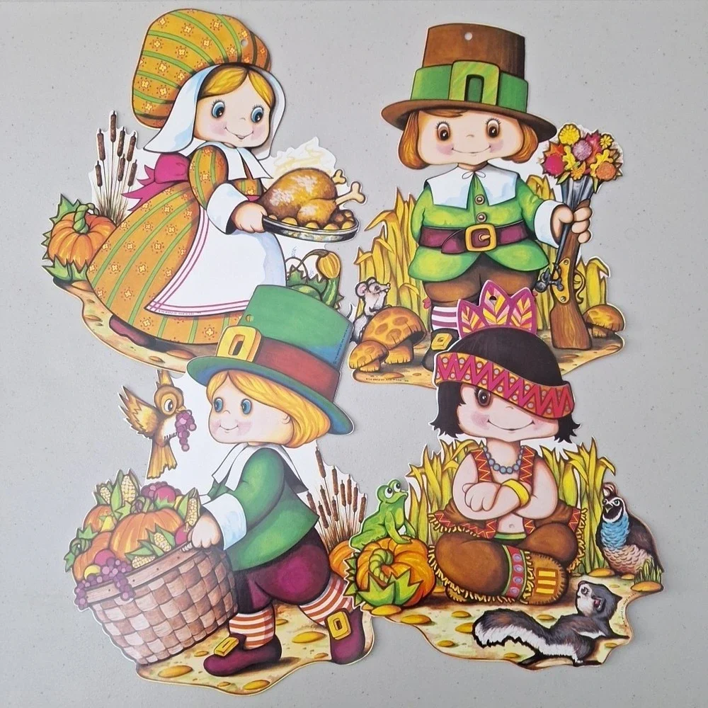 4 Beistle 1978 Vintage Die Cut Thanksgiving Pilgrims Native American